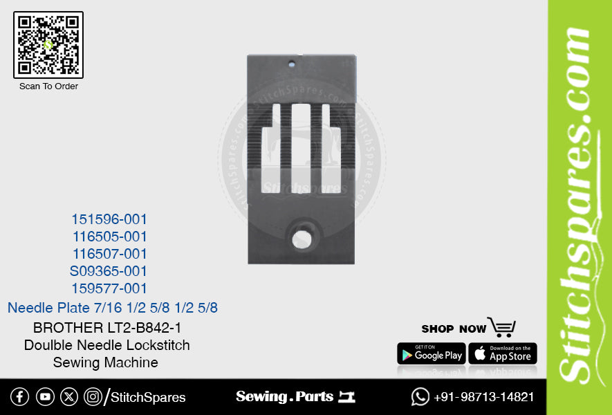 Strong-H 151596-001 7/16 Placa de aguja Brother LT2-B842 -3 Repuesto para máquina de coser de pespunte de doble aguja