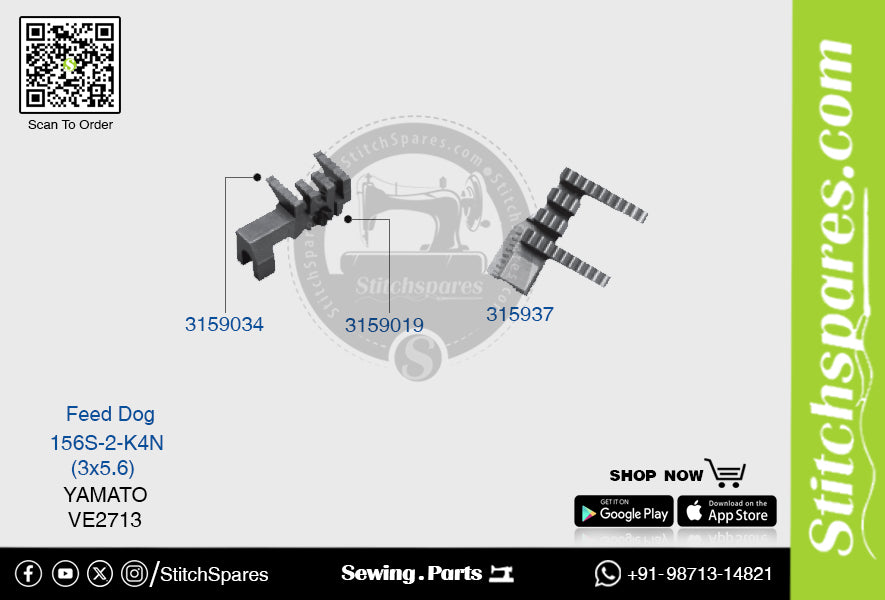 Strong-H 3159037 156S-2-K4N (3×5.6) mm Diente de alimentación Yamato VE2713 Flatlock (Interlock) Repuesto para máquina de coser