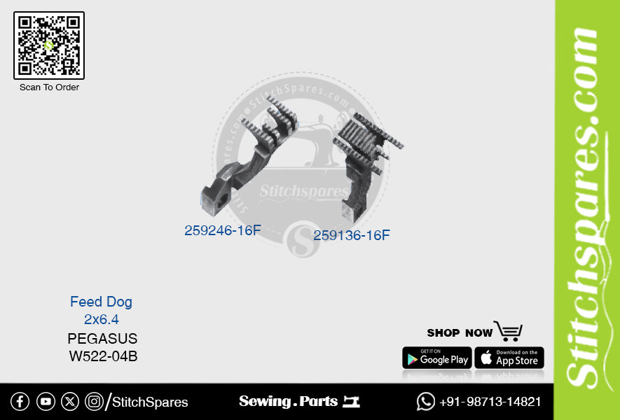 STRONG H 259246-16F Feed Dog PEGASUS W522-04B (2×6.4) Repuesto para máquina de coser