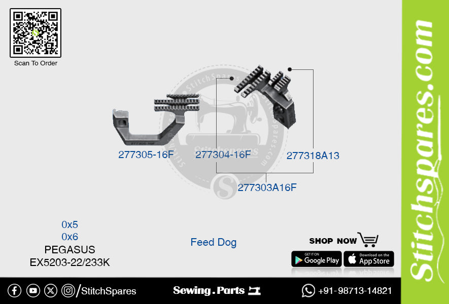 STRONG H 277305 -16F Feed Dog PEGASUS EX5203 22 233K (0×6) Repuesto para máquina de coser