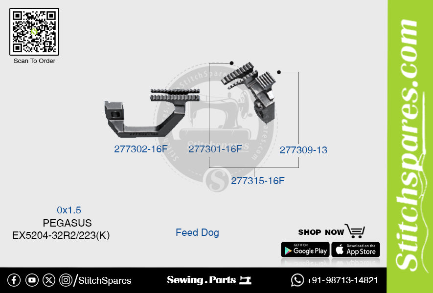 STRONG H 277302 -16F Feed Dog PEGASUS EX5204 32R2 223(K) (0×1.5) Repuesto para máquina de coser